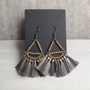 Beaded Tassel Triangle Dangle Earrings With Gray Gold Accents Fringe Boho Bali